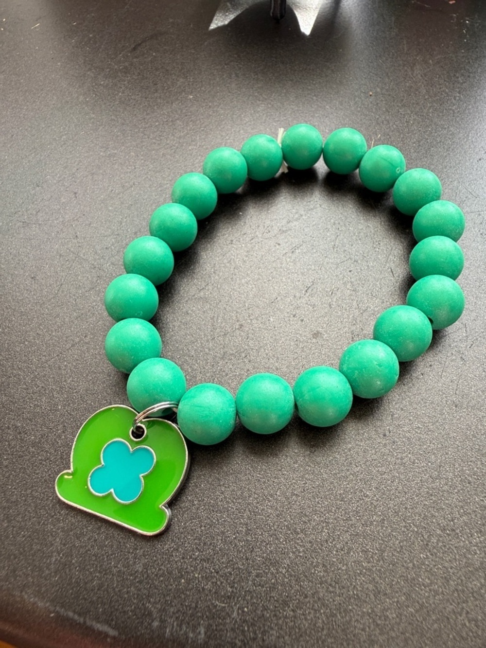 Green Wooden Beaded Bracelet with Clover Charm